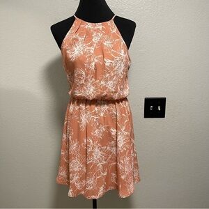 Lush Floral Halter Neck Mini Dress w/Open Back in Peach Size Small